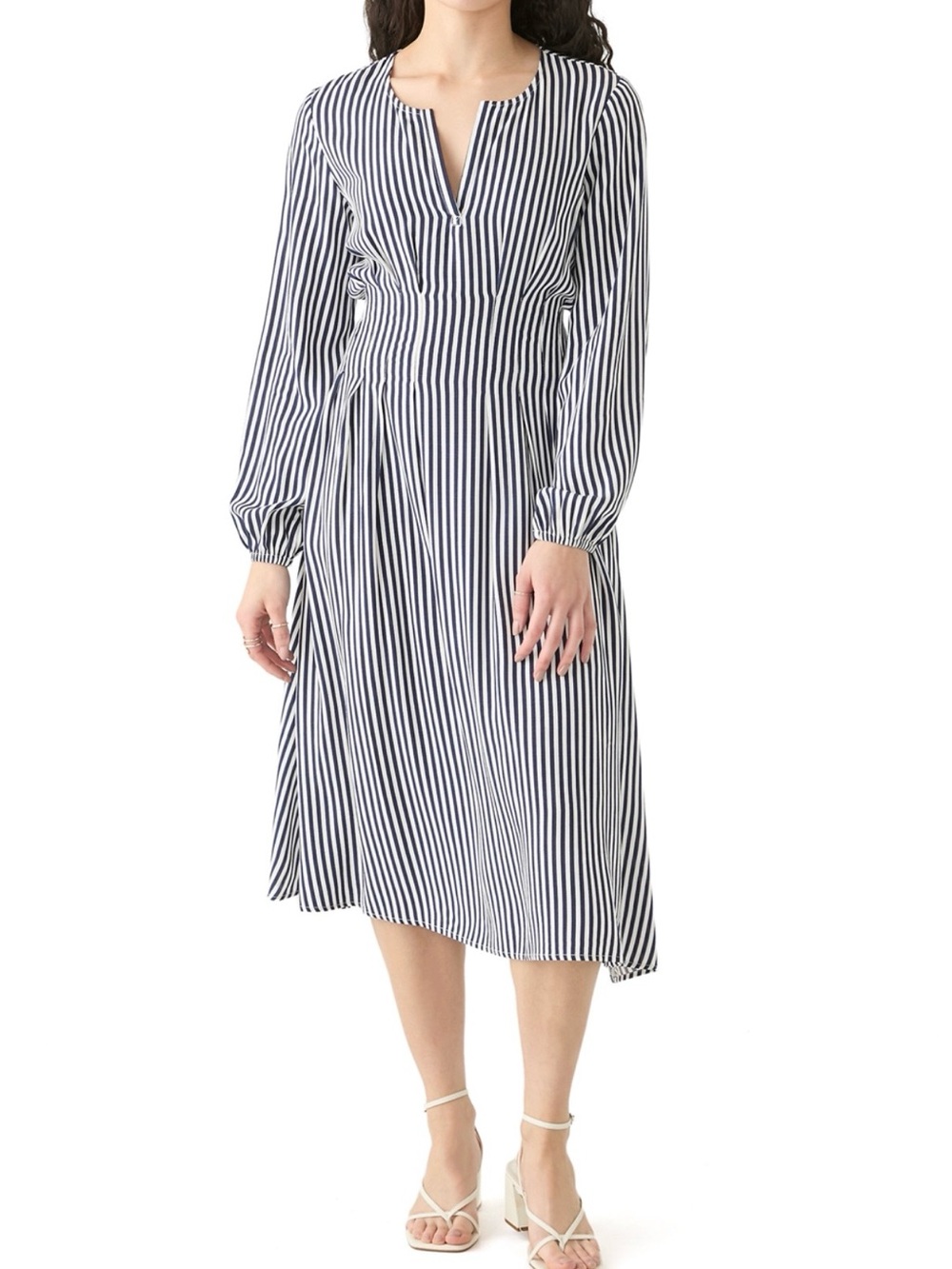 Navy and White Striped Long-Sleeve Midi Dress
